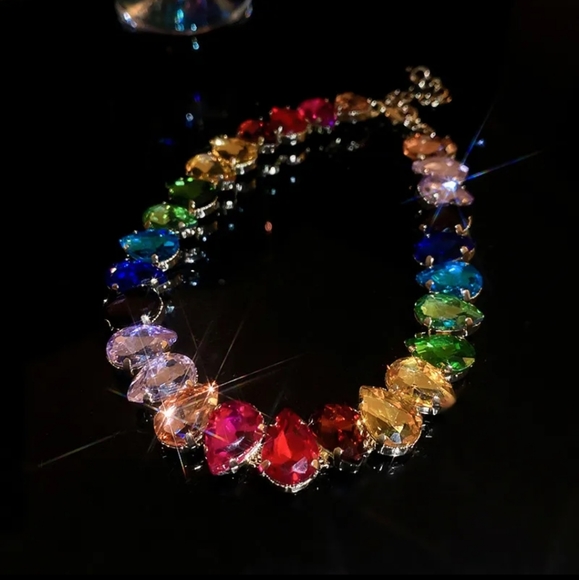 RAINBOW GLASS choker necklace Big stones colorful gold tear drop New gift - Picture 9 of 15